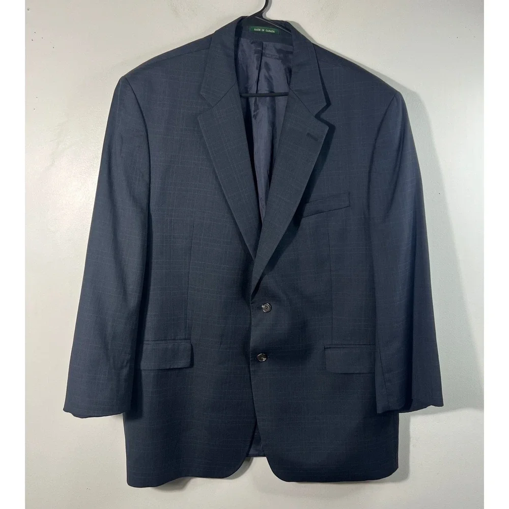 Lauren Ralph Lauren Windowpane Plaid Jacket Blazer‎ Navy Blue Wool Cashmere 48R